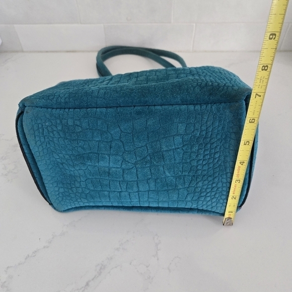B.May Medium Pocket Tote Embossed Gator Suede Leather Teal Blue Shoulder Bag - Picture 3 of 9